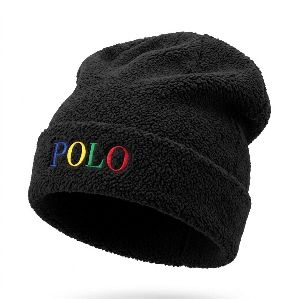 Polo Ralph Lauren Black Sherpa Fleece Slouchy Beanie Hat Multicolor Spellout OS